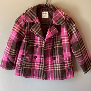 Pink and brown plaid pea coat